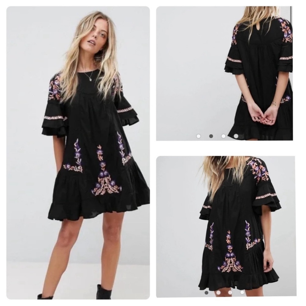 Free People Pavlo Babydoll Black Embroidered Dress